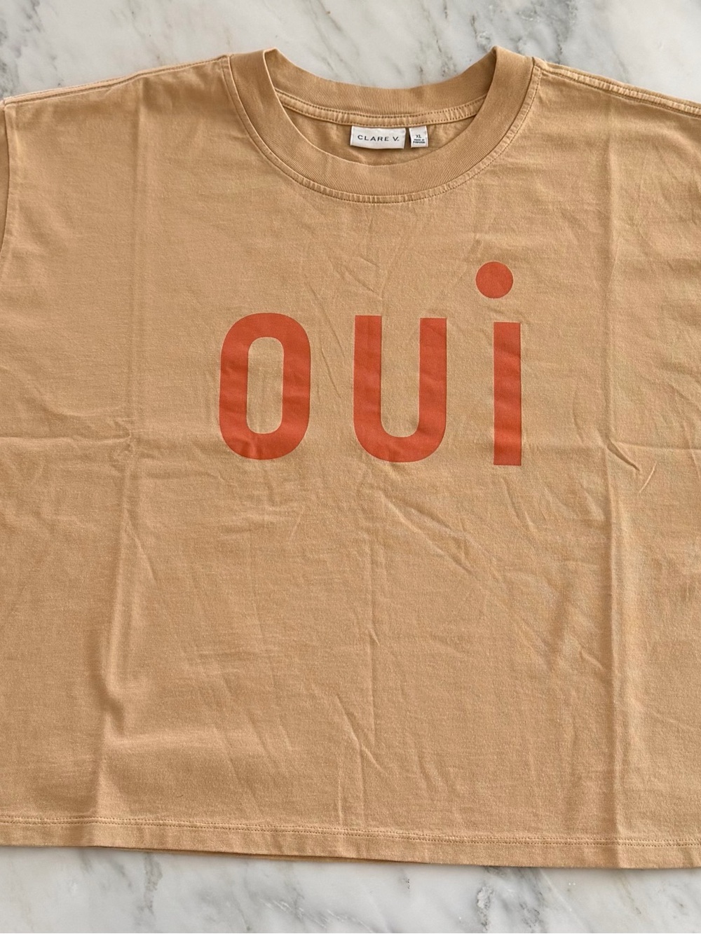 Clare V Beige-Tan Tee with Orange 'OUI' Graphic